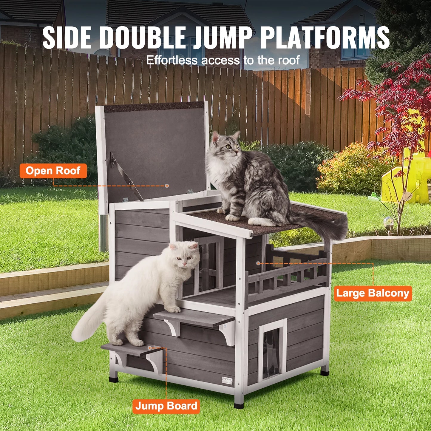 Outdoor Wooden Cat House with Balcony and Weatherproof Design
