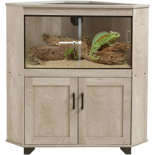 Modern Corner Reptile Tank with Glass Doors and Storage Cabinet