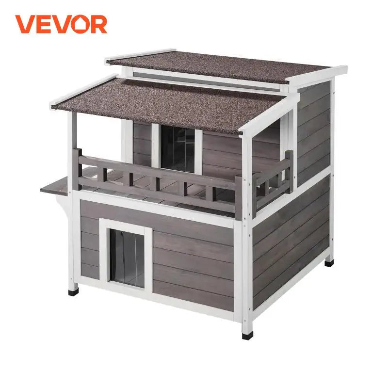Outdoor Wooden Cat House with Balcony and Weatherproof Design
