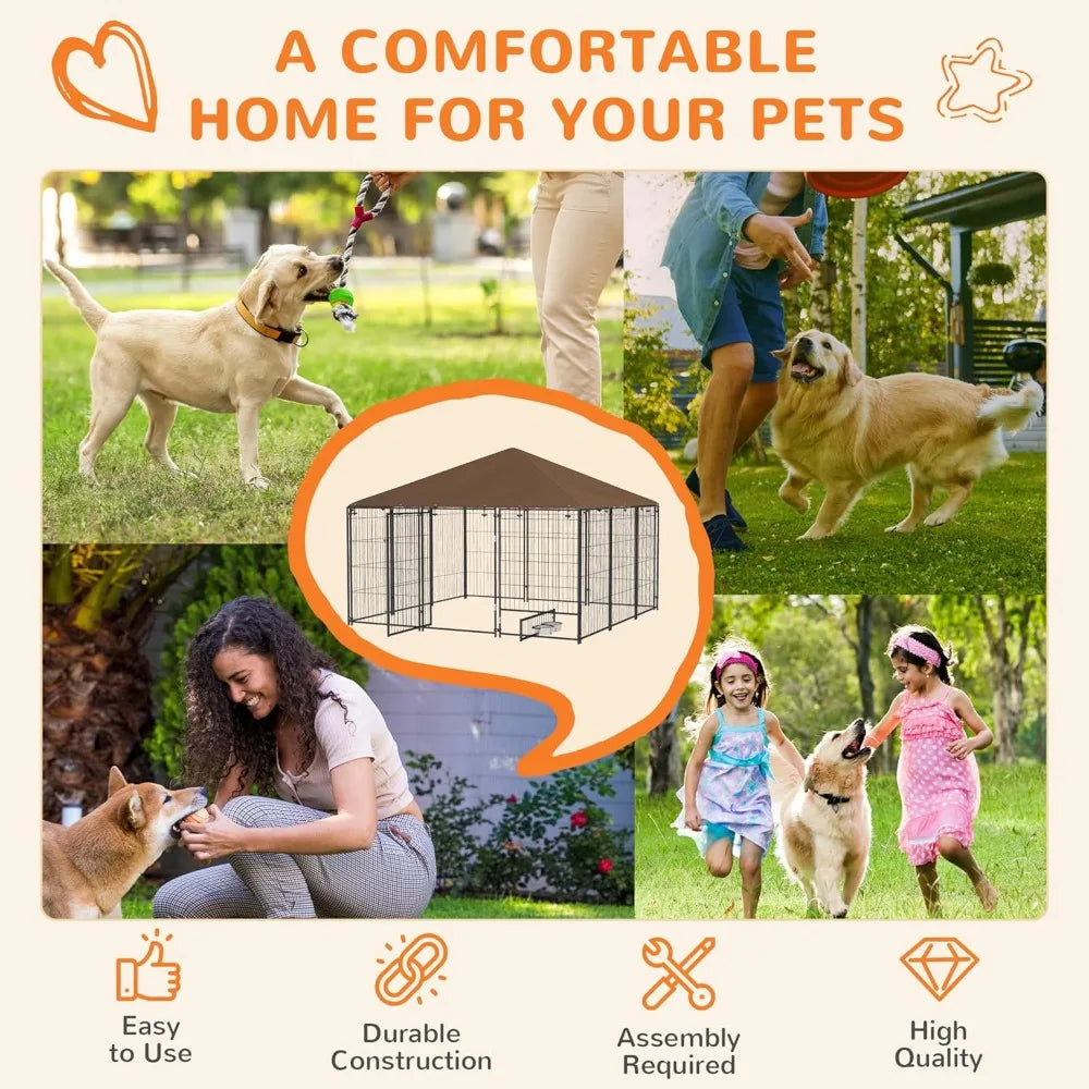 Outdoor Dog Kennel With Canopy And Rotating Bowl Enclosure