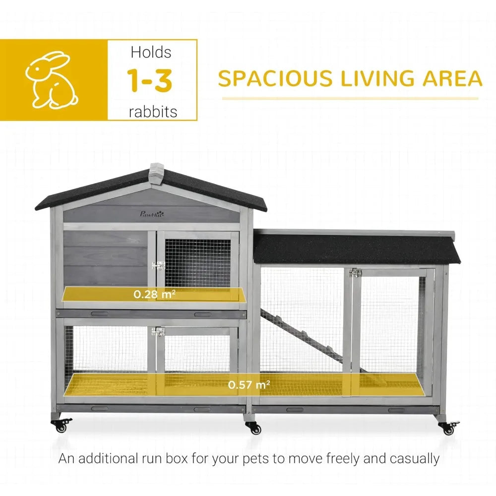 Wooden Rabbit Hutch with Run Area and Removable Tray