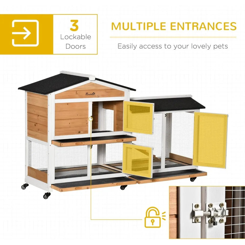 Wooden Rabbit Hutch with Wheels and Removable Tray for Outdoor Use