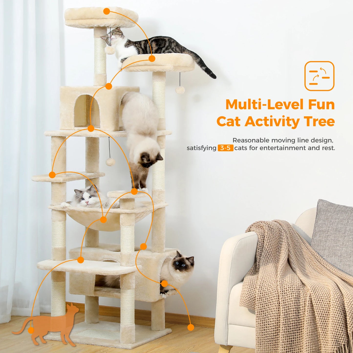 Large Indoor Cat Tree Tower With Scratching Posts And Hammock