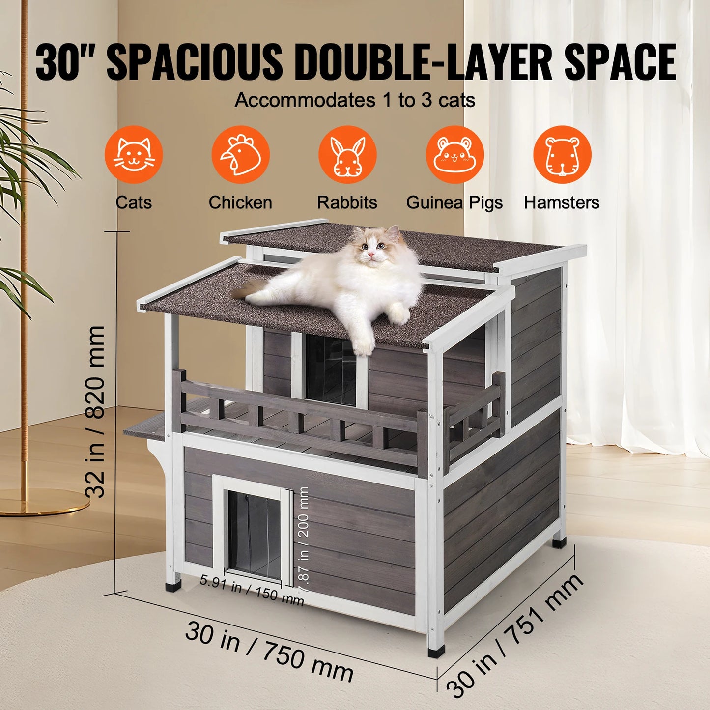 Outdoor Wooden Cat House with Balcony and Weatherproof Design