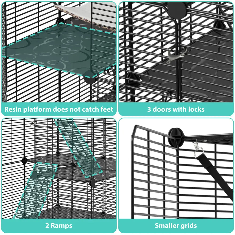 Three-Tier Cat Cage Enclosure with Hammock for Playful Cats