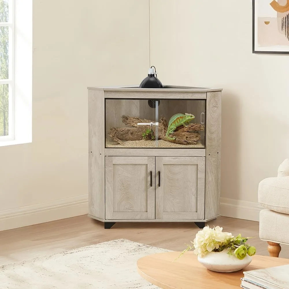 Modern Corner Reptile Tank with Glass Doors and Storage Cabinet