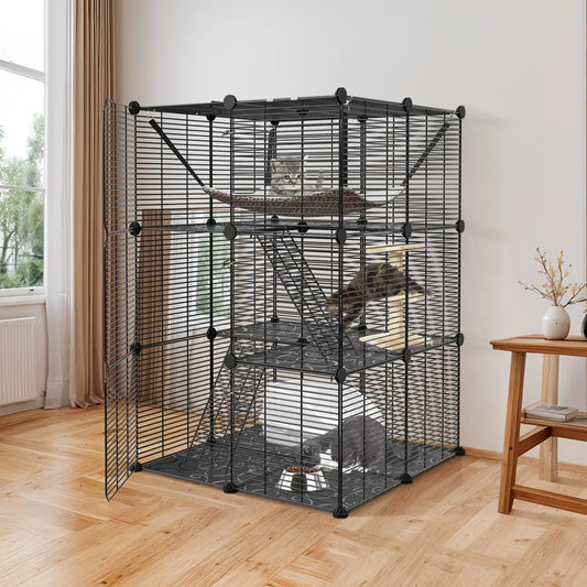Three-Tier Cat Cage Enclosure with Hammock for Playful Cats
