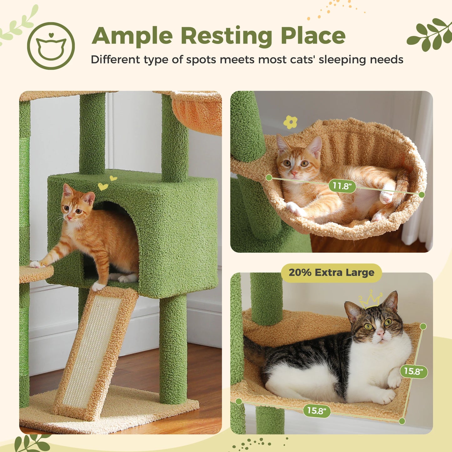 Cactus Cat Tree Adjustable Height with Cozy Hammock and Condo