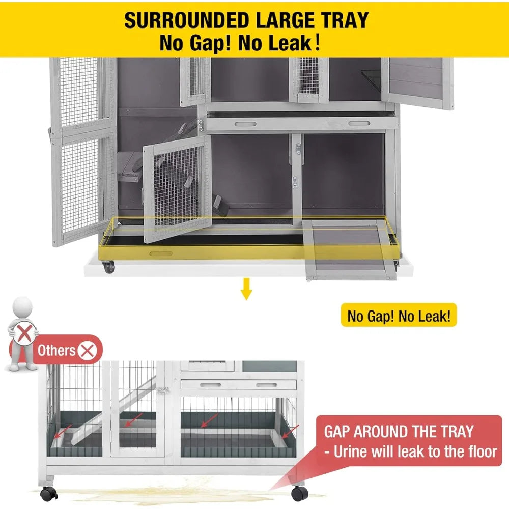 Two Story Rabbit Hutch with Wheels for Indoor and Outdoor Use