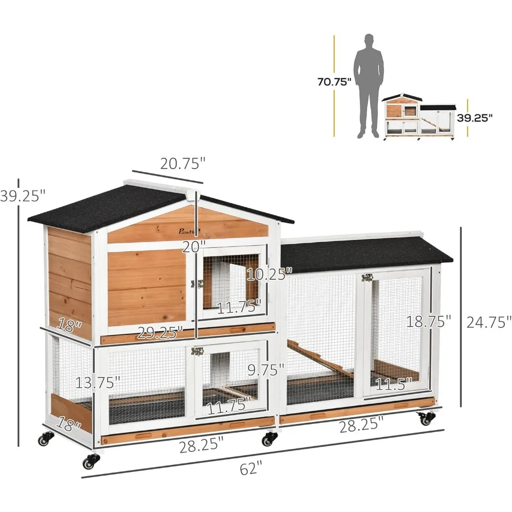 Wooden Rabbit Hutch with Wheels and Removable Tray for Outdoor Use