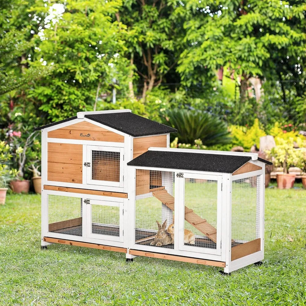 Wooden Rabbit Hutch with Wheels and Removable Tray for Outdoor Use