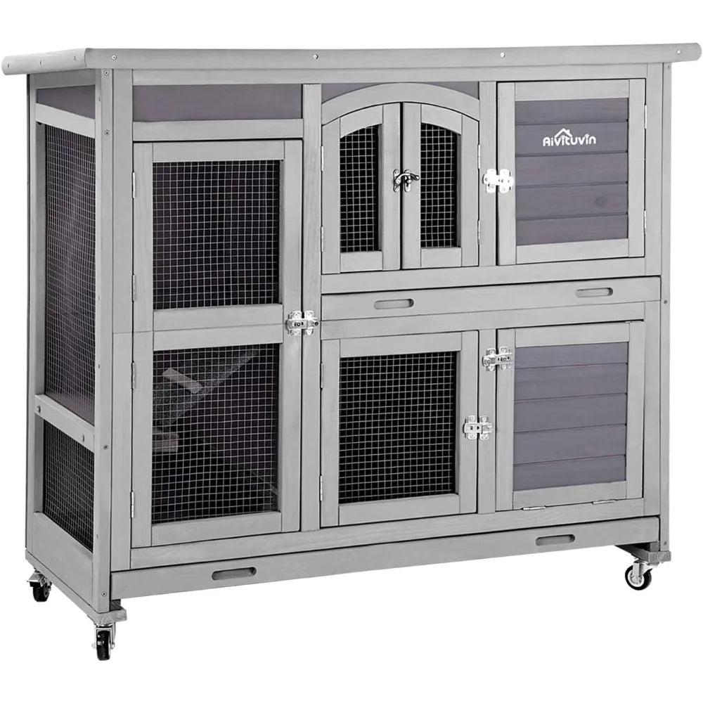 Two Story Rabbit Hutch with Wheels for Indoor and Outdoor Use