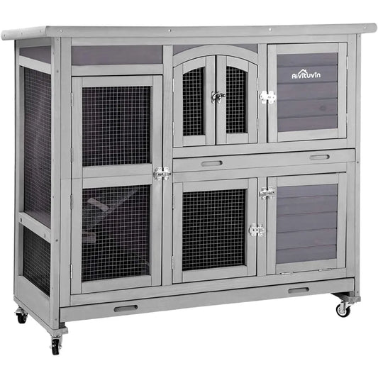 Two Story Rabbit Hutch with Wheels for Indoor and Outdoor Use
