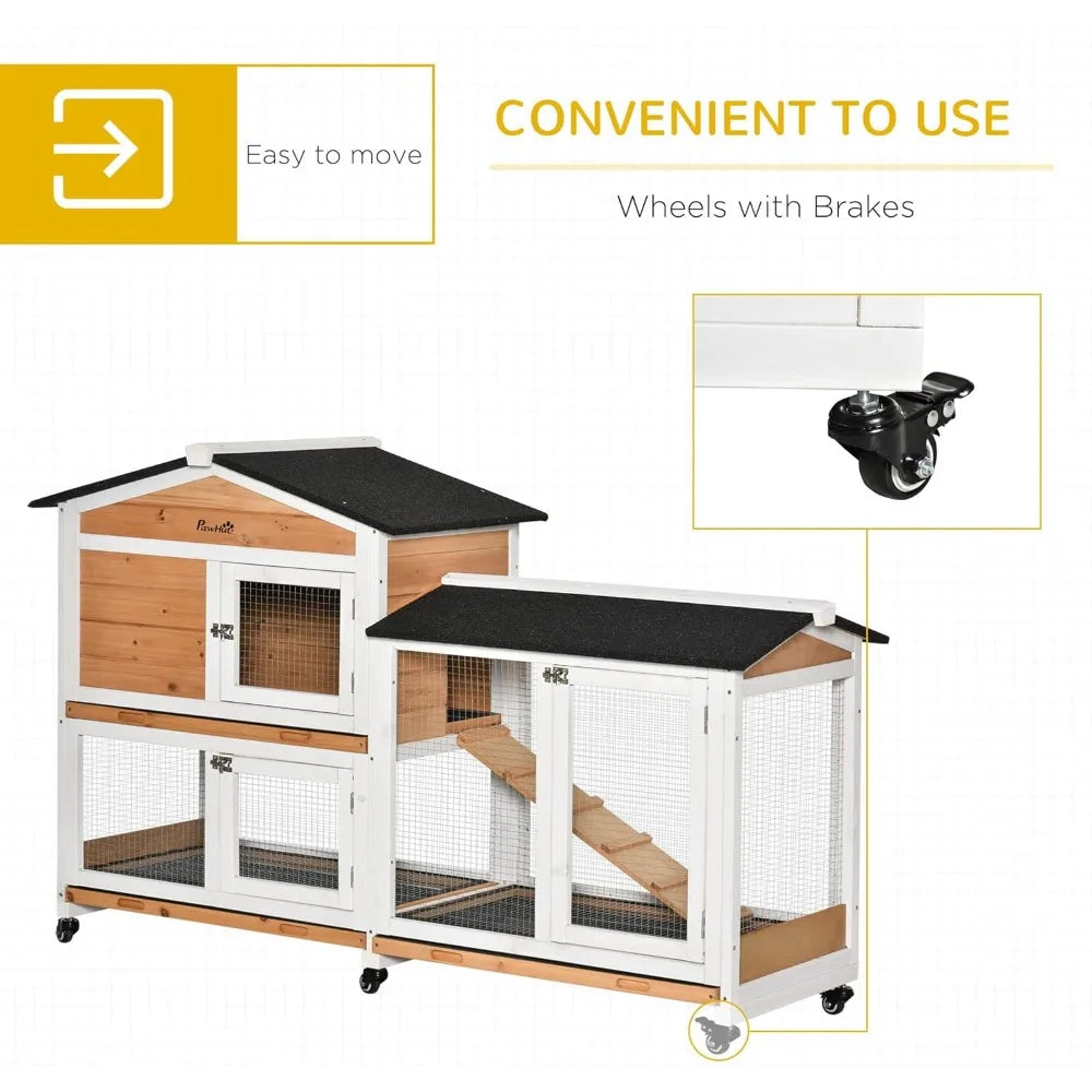 Wooden Rabbit Hutch with Wheels and Removable Tray for Outdoor Use