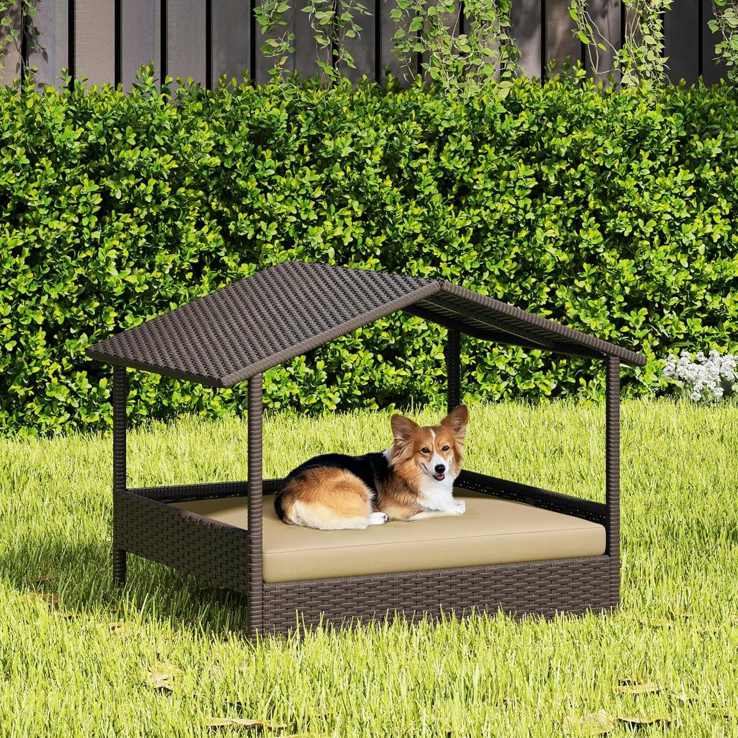 Wicker Elevated Dog House with Canopy and Comfortable Cushion