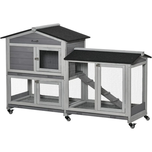 Wooden Rabbit Hutch with Run Area and Removable Tray