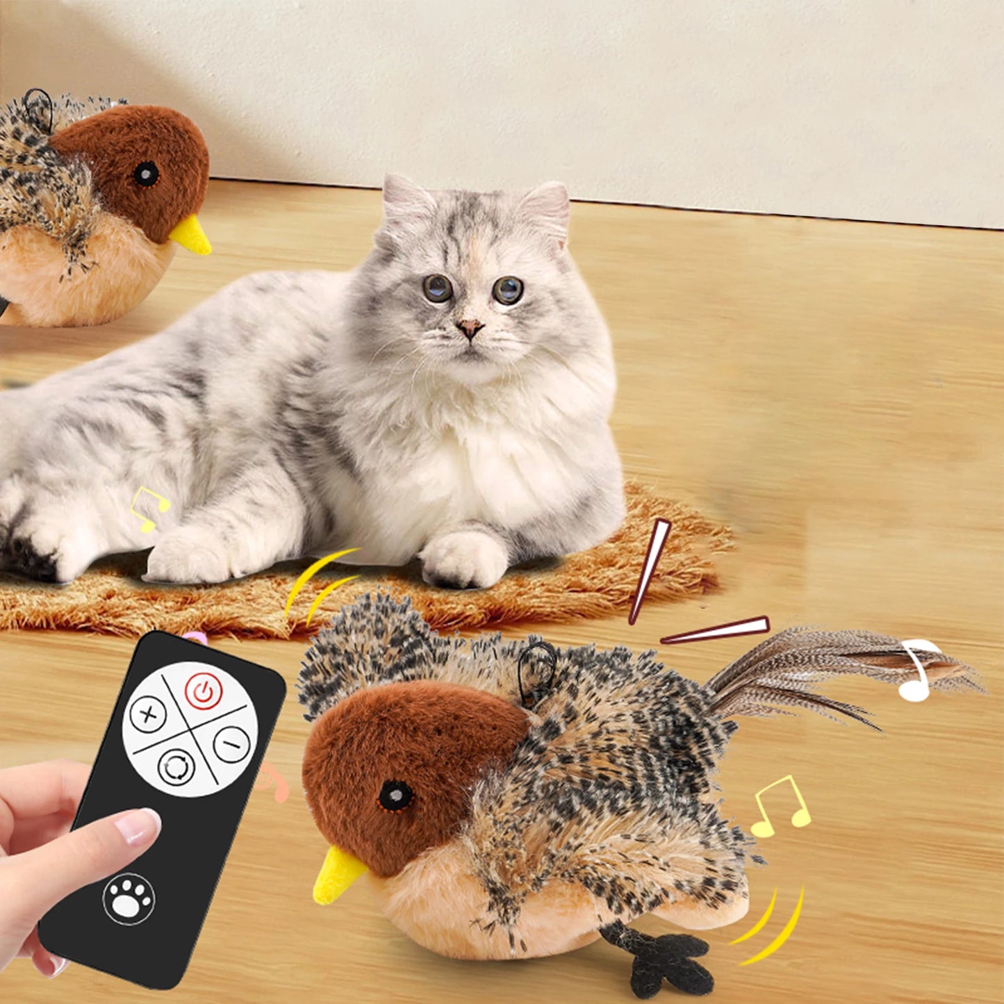 Interactive Chirping Plush Bird Cat Toy With Feather Teaser