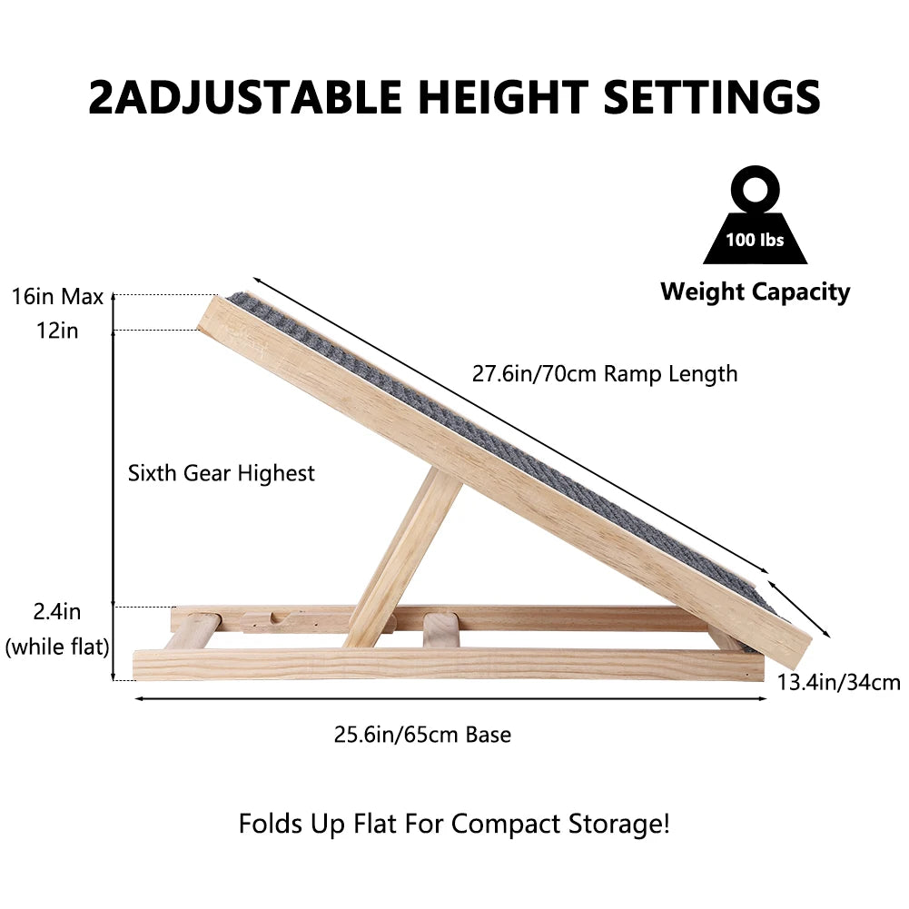 Pet Dog Ramp Ladder Natural Pine Wood Folding Adjustable Anti-Skid Lightweight Climbing Ladder for Sofas and Beds