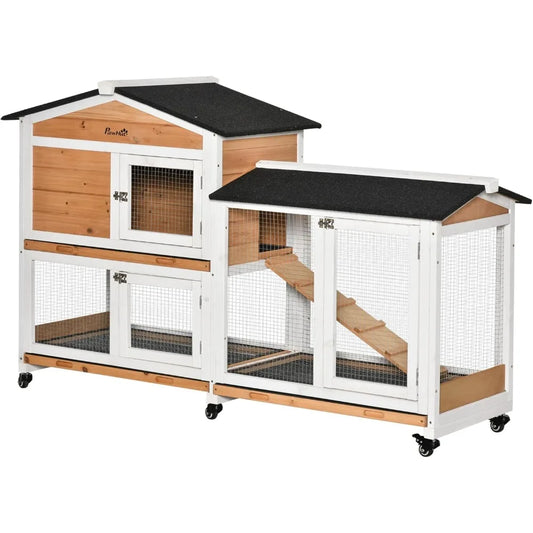 Wooden Rabbit Hutch with Wheels and Removable Tray for Outdoor Use