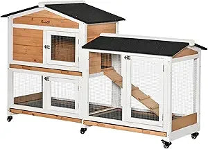Wooden Rabbit Hutch with Wheels and Removable Tray for Outdoor Use