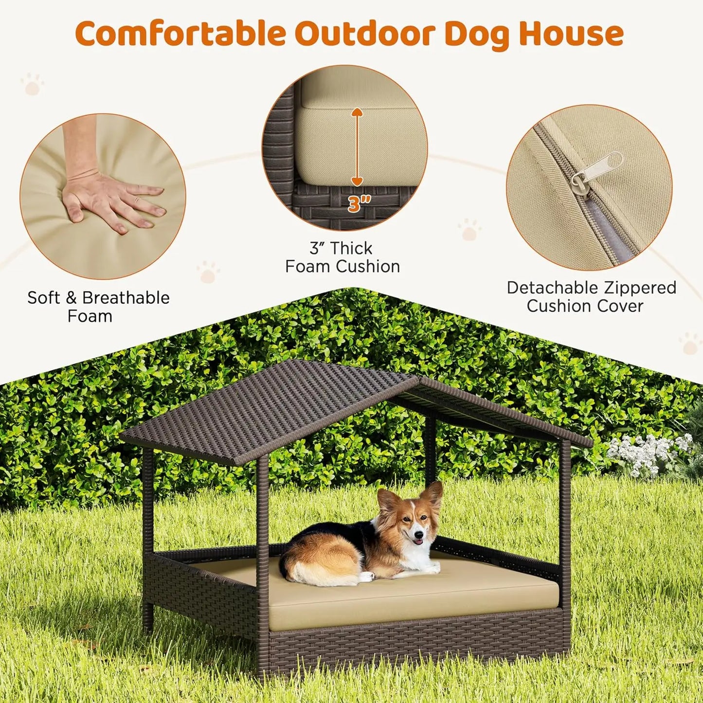 Wicker Elevated Dog House with Canopy and Comfortable Cushion